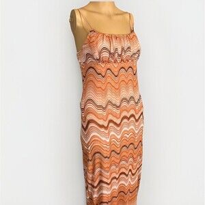 No Comment Tank Dress LG Retro Orange Swirl Wavy Funky Maxi Babydoll Stretch Y2K